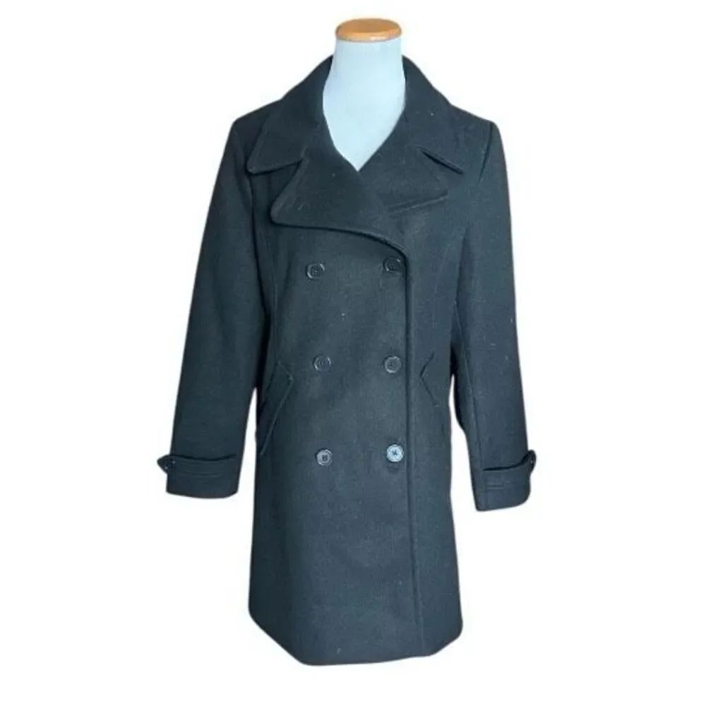Womens Time & Tru Black Longer Length Winter Warm Peacoat Pea Coat Jacket - Sz L